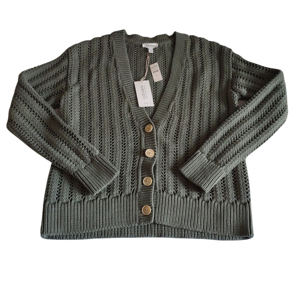 Haven Well Within Medium Green Chunky Knit Button Front Sweater